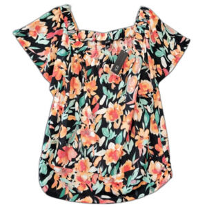AGB Black Floral Short Sleeves Shirt Stretch Scoop Neck NEW Women's Size XL Top